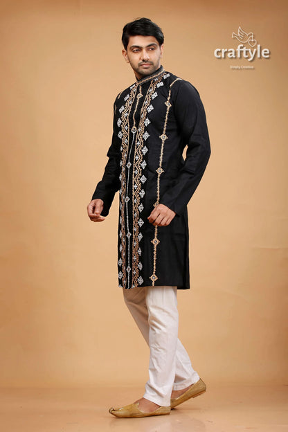 Kutch work rich black hand kantha stitched cotton mens kurta embroidered intricate gold 3
