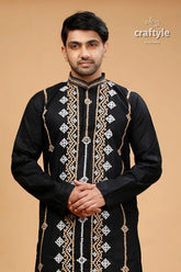 Kutch work rich black hand kantha stitched cotton mens kurta embroidered intricate white 2