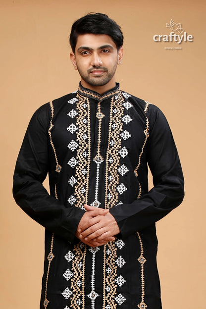 Kutch work rich black hand kantha stitched cotton mens kurta embroidered intricate white 2