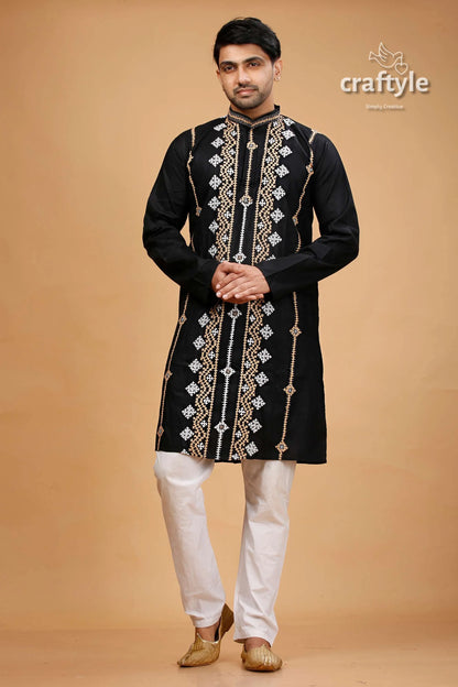 Kutch work rich black hand kantha stitched cotton mens kurta embroidered intricate white 1