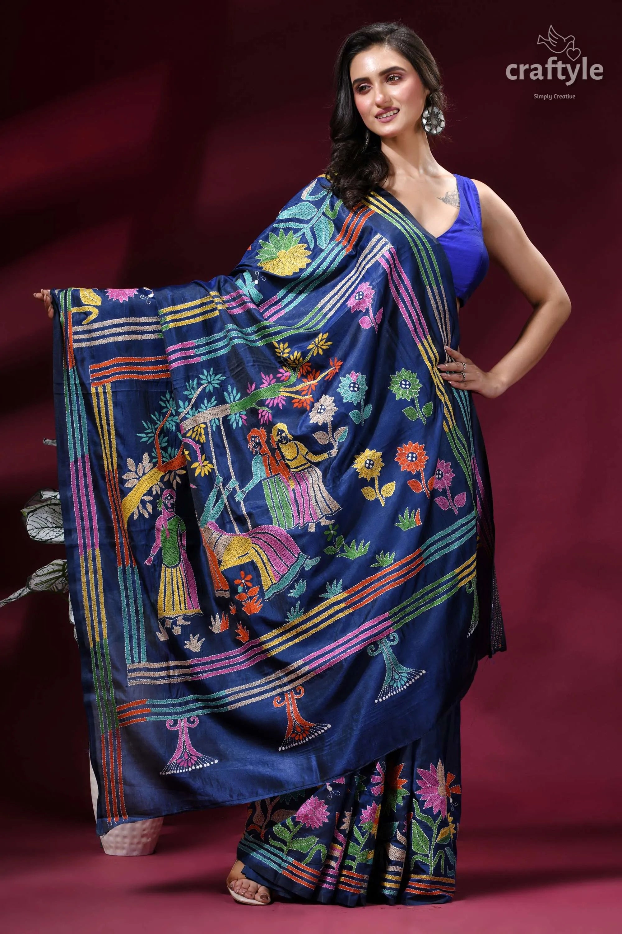 Lapis blue hand embroidered kantha silk saree - indian folk art vibrant navy blue silk saree 4