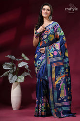 Lapis blue hand embroidered kantha silk saree - indian folk art woman wears navy blue saree 6