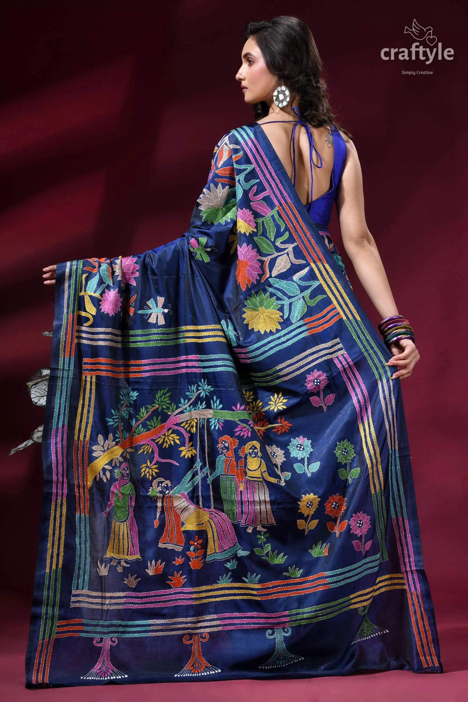 Lapis blue hand embroidered kantha silk saree - indian folk art navy blue silk saree adorned 5