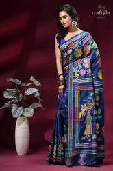 Lapis blue hand embroidered kantha silk saree - indian folk art vibrant navy blue saree adorned 3