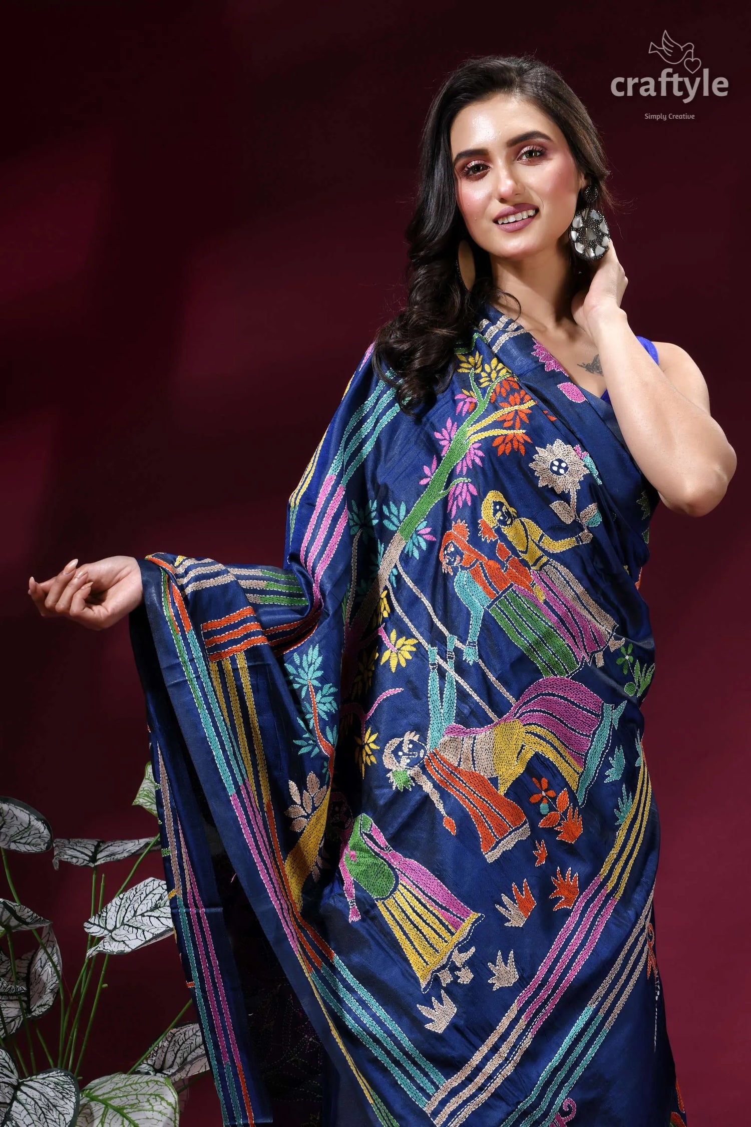 Lapis blue hand embroidered kantha silk saree - indian folk art navy blue saree adorned vibrant 2