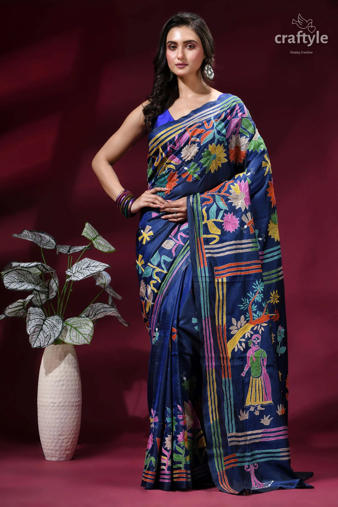 Lapis blue hand embroidered kantha silk saree - indian folk art vibrant navy blue saree adorned 1