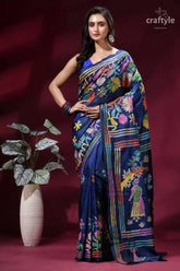 Lapis blue hand embroidered kantha silk saree - indian folk art vibrant navy blue saree adorned 1