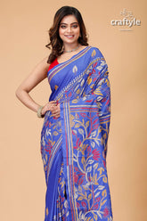 Lapis Blue Multithread Lotus Motif Silk Kantha Saree-Craftyle
