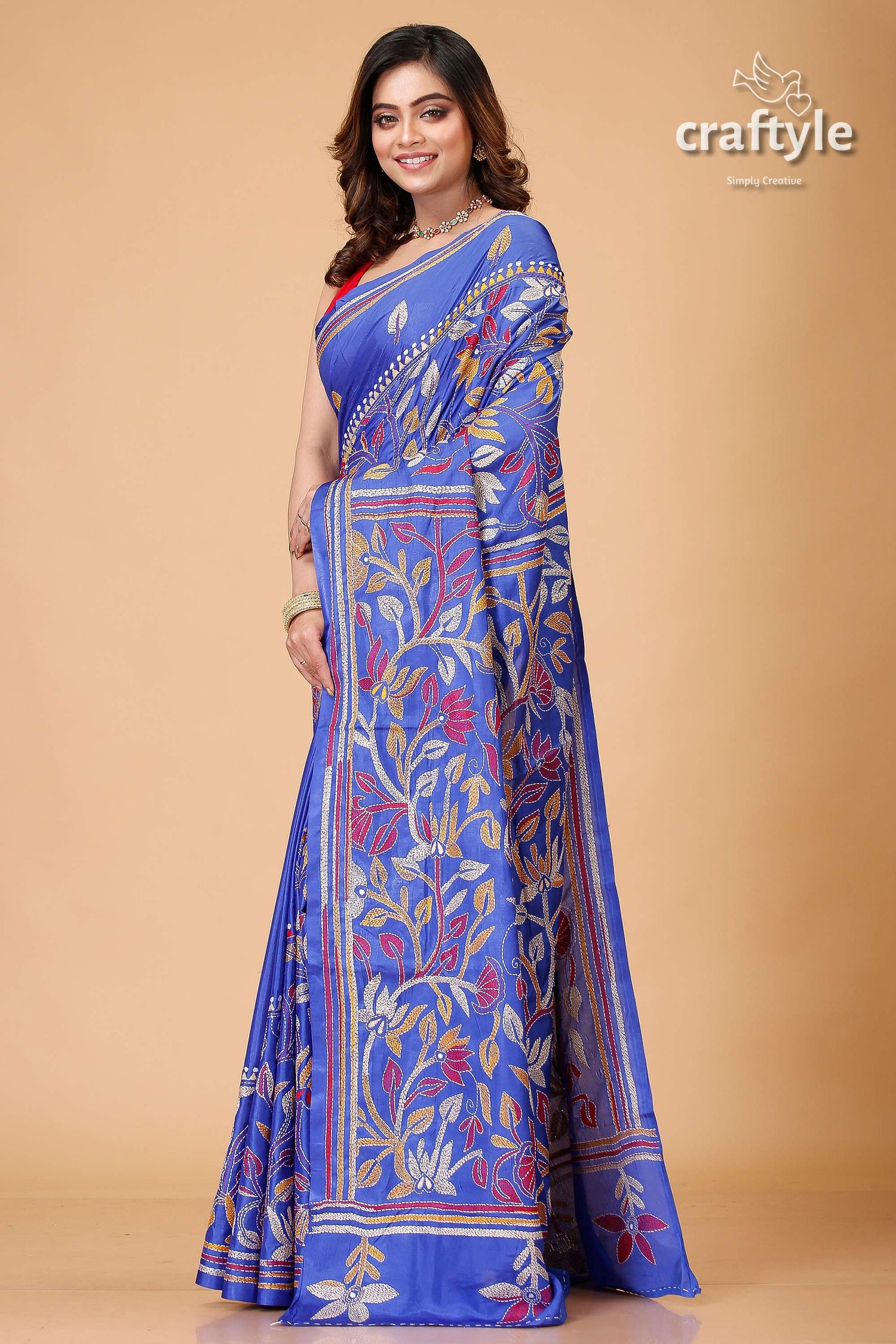 Lapis Blue Multithread Lotus Motif Silk Kantha Saree-Craftyle