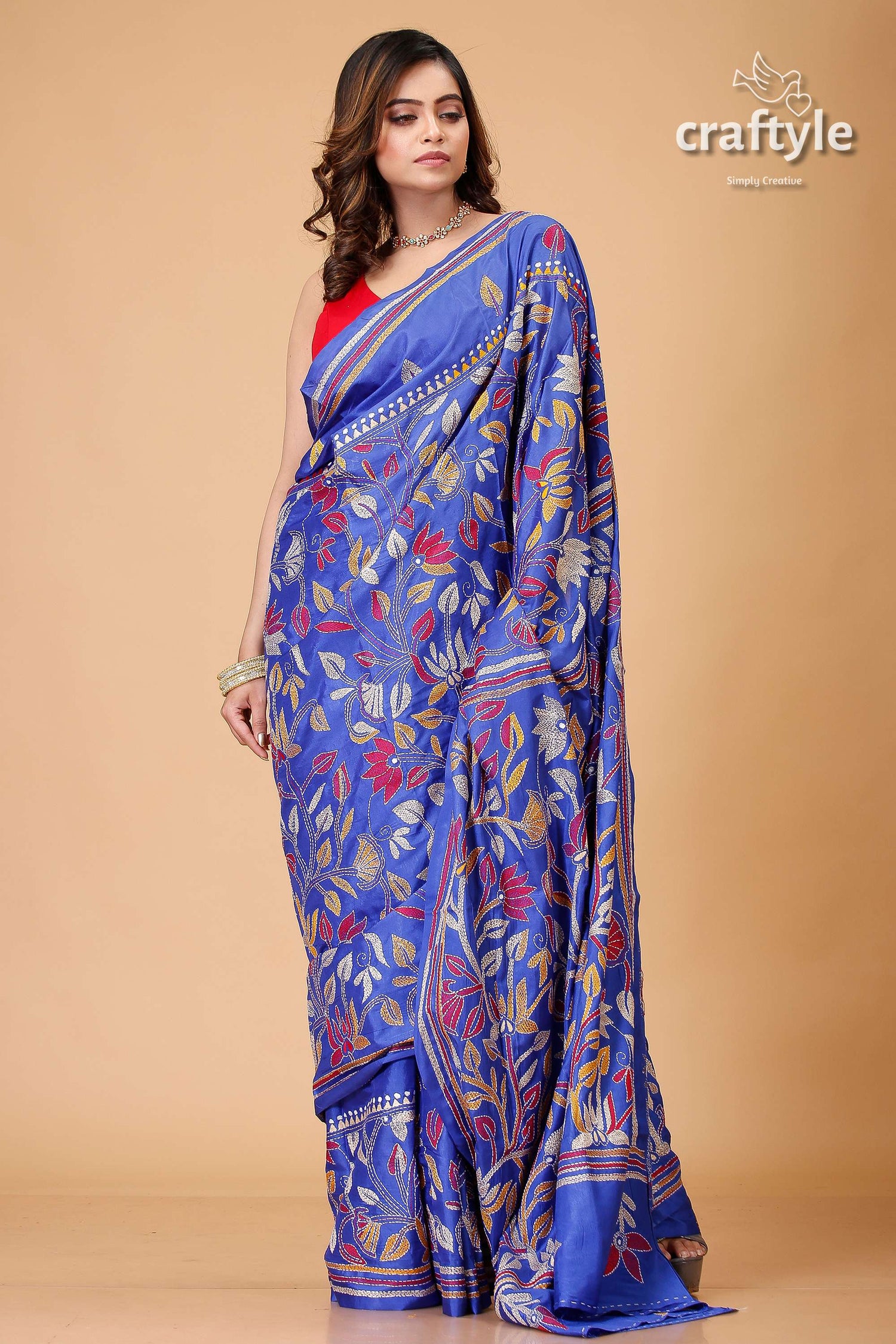Lapis Blue Multithread Lotus Motif Silk Kantha Saree-Craftyle