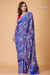 Lapis Blue Multithread Lotus Motif Silk Kantha Saree-Craftyle