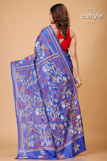 Lapis Blue Multithread Lotus Motif Silk Kantha Saree-Craftyle