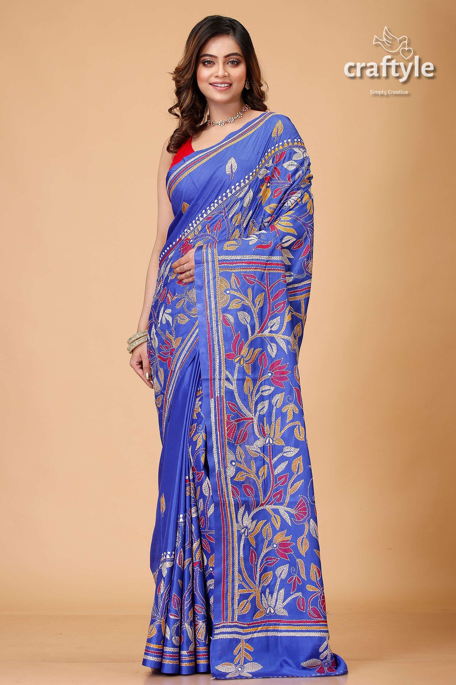 Lapis Blue Multithread Lotus Motif Silk Kantha Saree-Craftyle