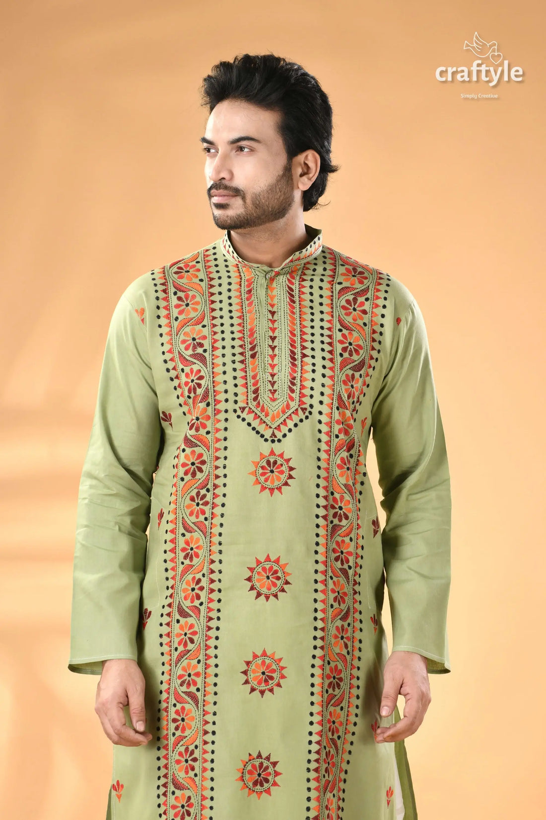 Laurel green kantha embroidery work cotton kurta for men men’s light green kurta intricate 2