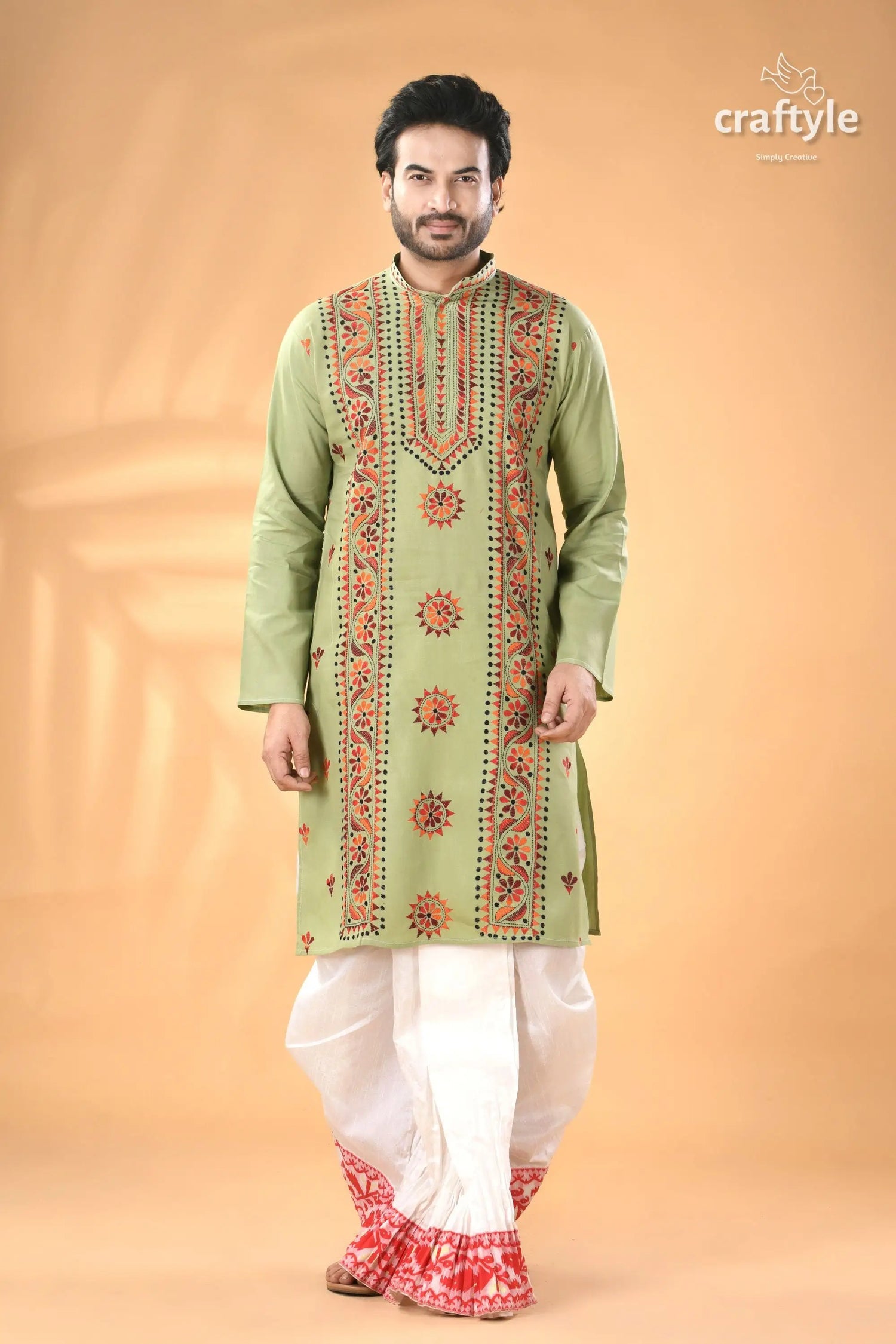 Laurel green kantha embroidery work cotton kurta for men men’s green embroidered kurta white 1