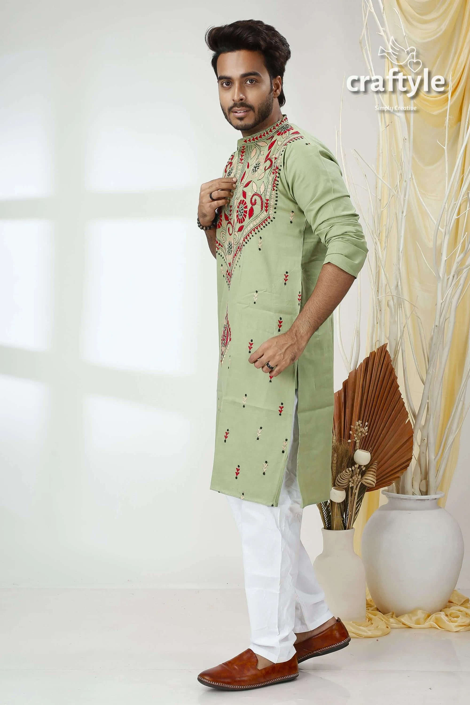 Laurel green kantha stitch cotton panjabi for men light embroidered kurta red 3