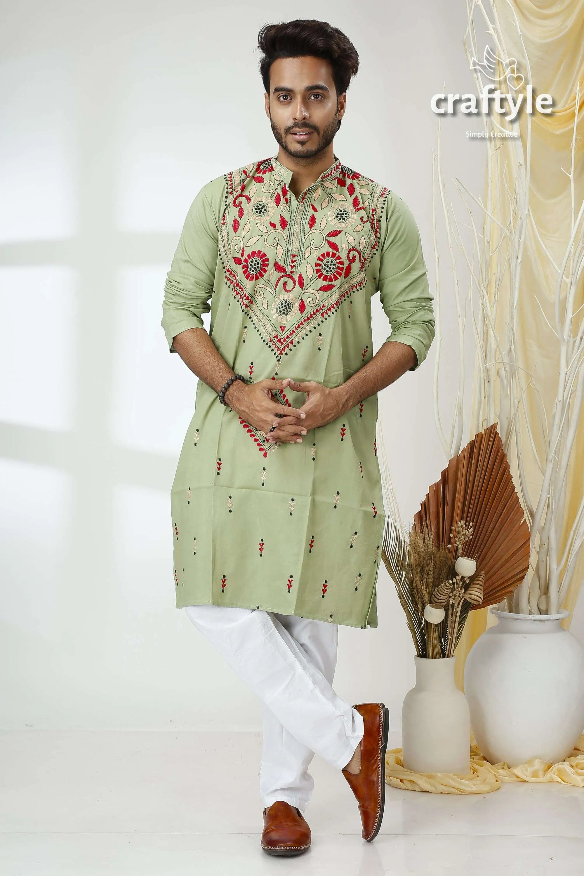 Laurel green kantha stitch cotton panjabi for men light embroidered kurta red 1