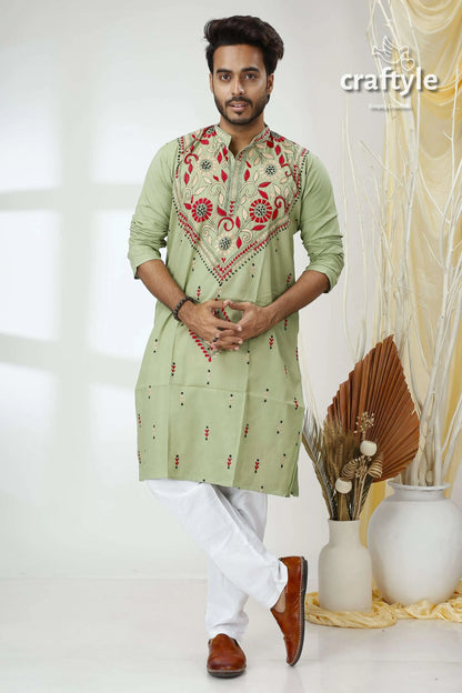 Laurel green kantha stitch cotton panjabi for men light embroidered kurta red 1