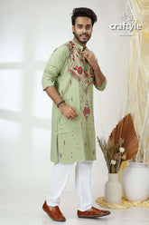 Laurel green kantha stitch cotton panjabi for men light embroidered kurta red 4