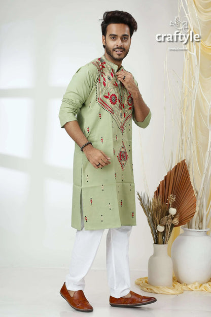 Laurel green kantha stitch cotton panjabi for men light embroidered kurta red 4