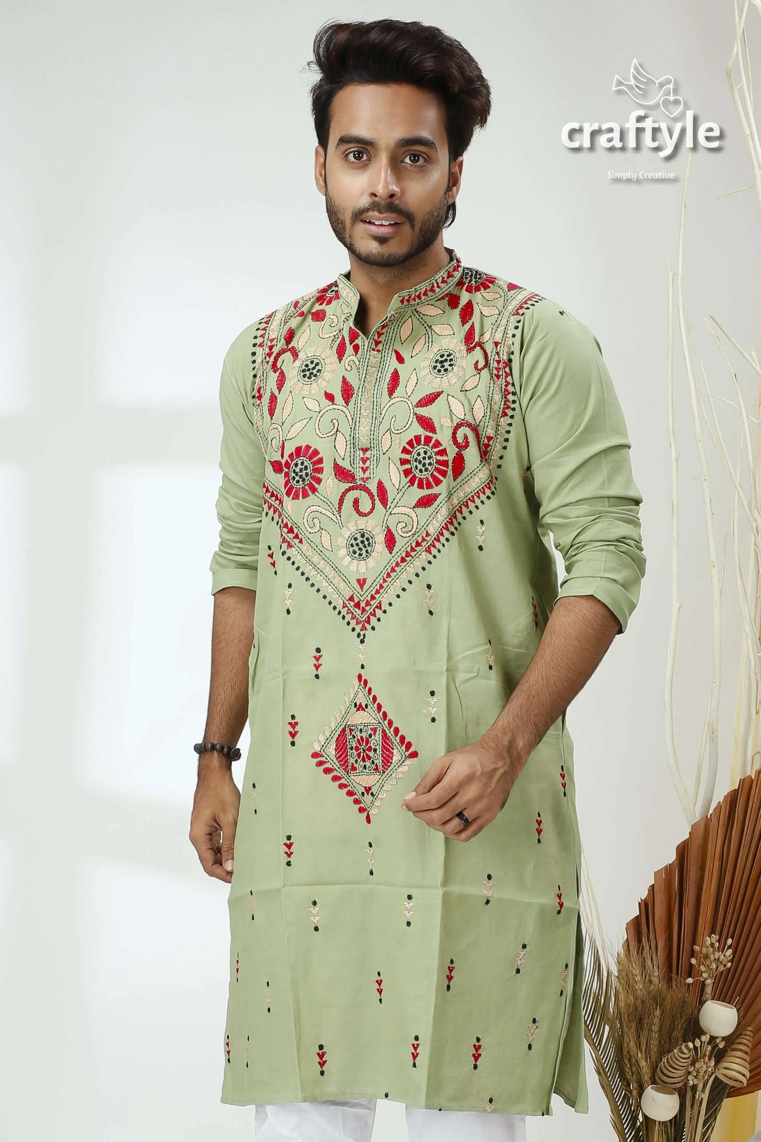Laurel green kantha stitch cotton panjabi for men light embroidered kurta intricate 2