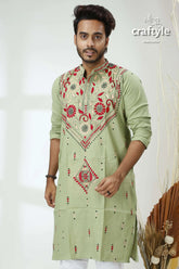 Laurel green kantha stitch cotton panjabi for men light embroidered kurta intricate 2