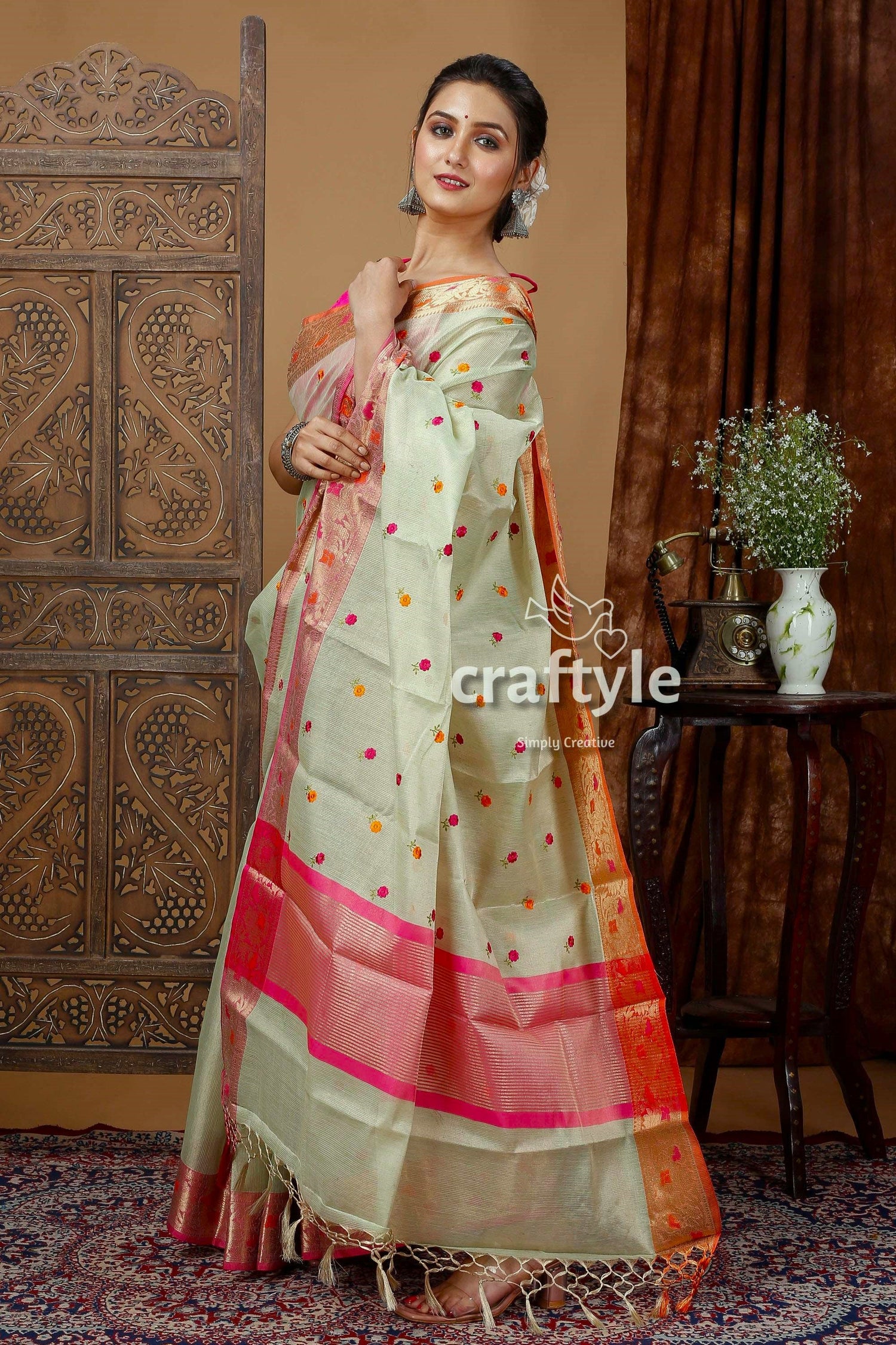 Laurel Green Tissue Organza Soft Silk Saree - Ethnic Wear - Craftyle