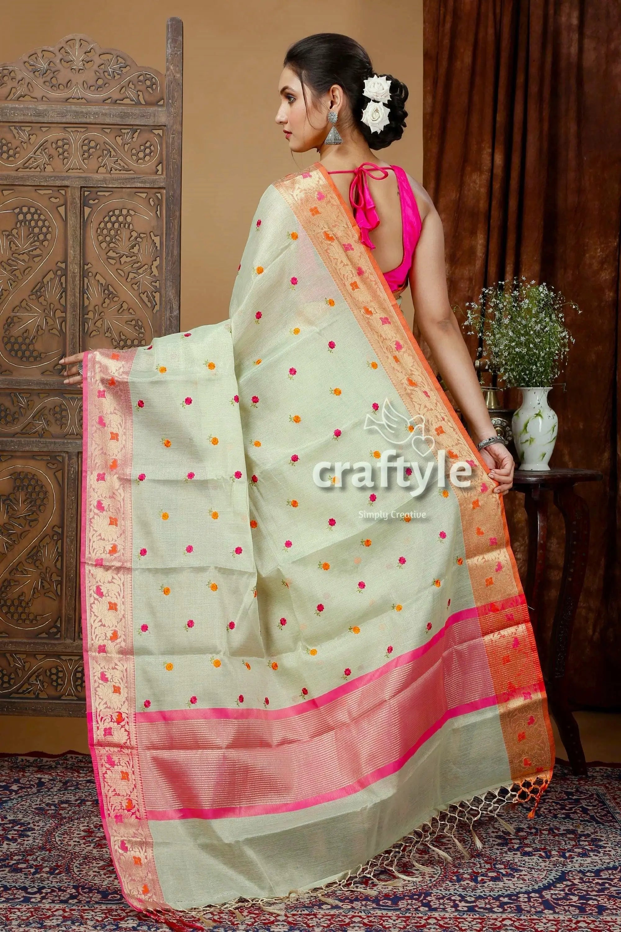 Laurel green tissue organza soft silk saree - ethnic wear light green saree pink border 5