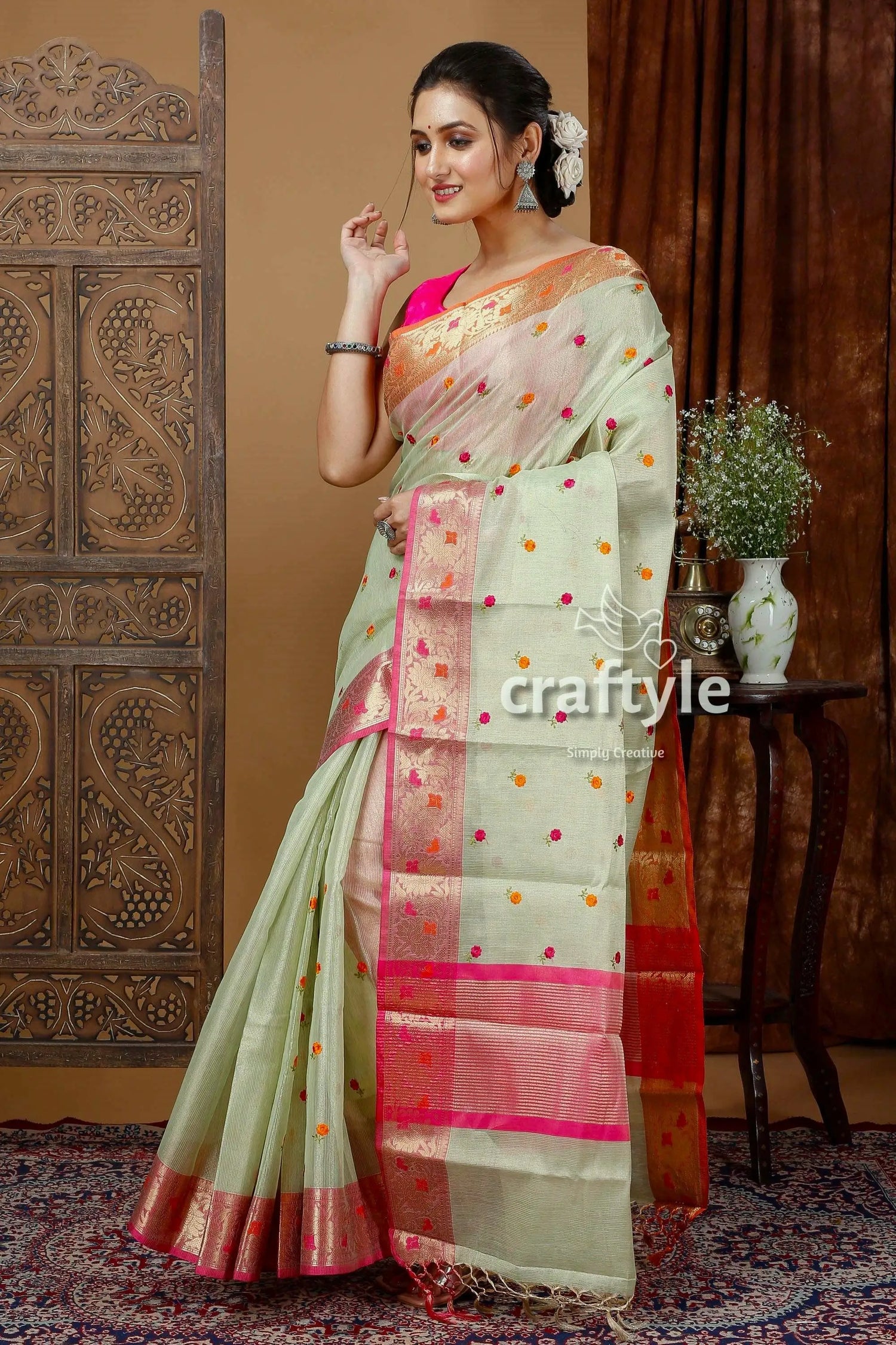 Laurel green tissue organza soft silk saree - ethnic wear elegant light green saree pink 3