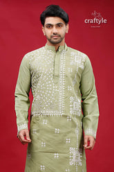 Laurel green white thread kantha stitch cotton panjabi for men olive embroidered kurta 2