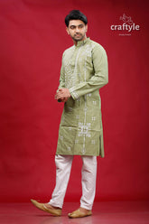 Laurel green white thread kantha stitch cotton panjabi for men sage embroidered kurta intricate 4