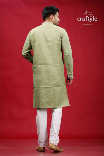 Laurel green white thread kantha stitch cotton panjabi for men man sage long-sleeved kurta 5