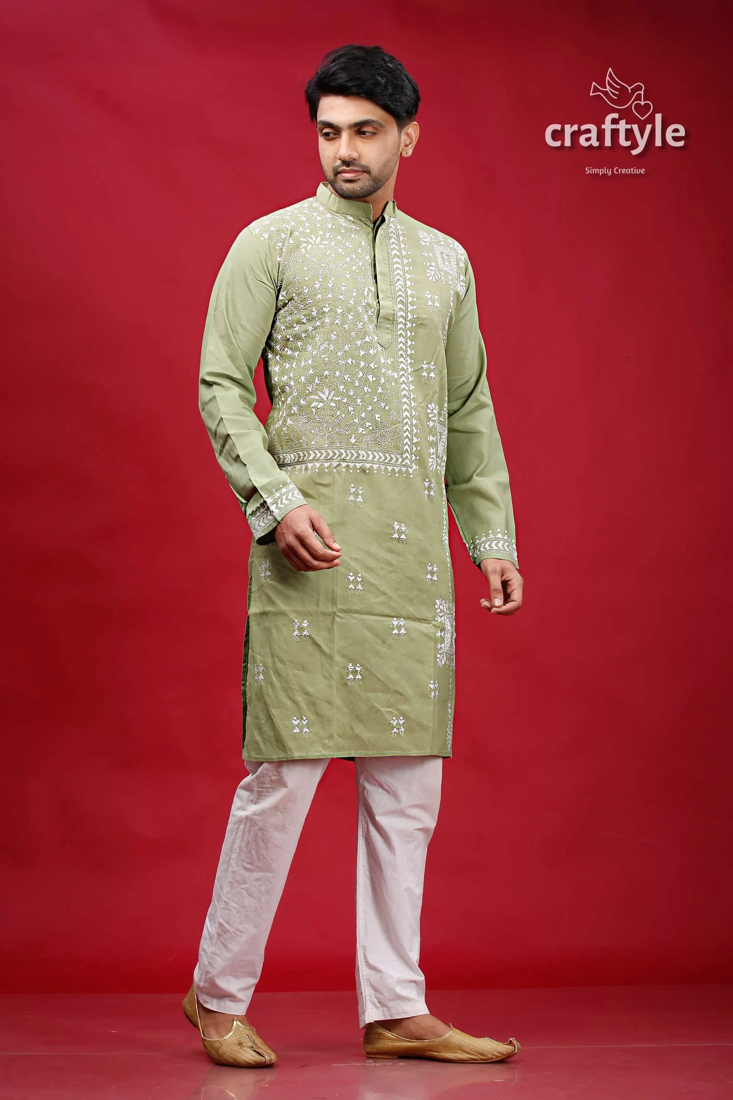 Laurel green white thread kantha stitch cotton panjabi for men sage embroidered kurta intricate 3