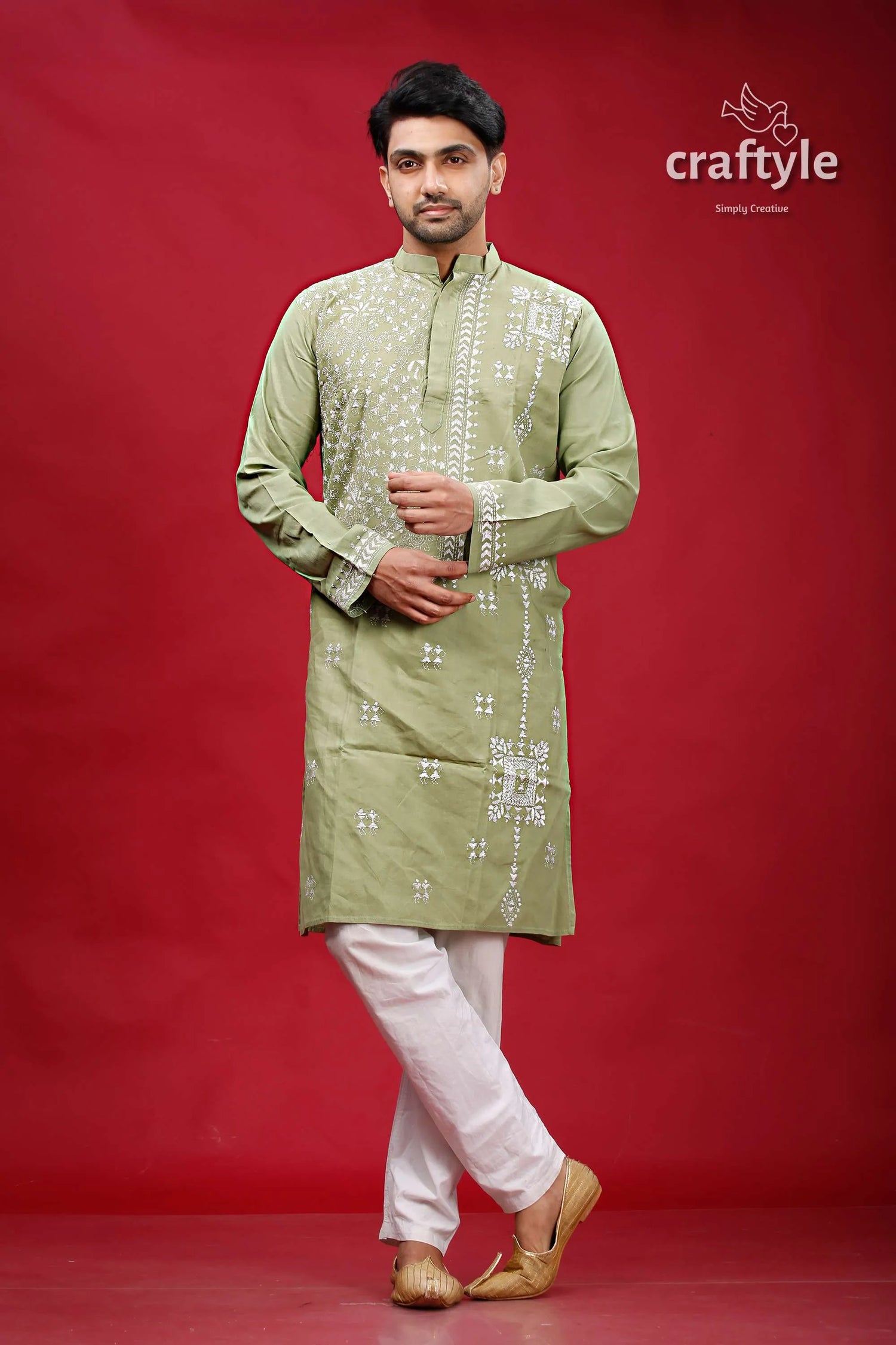 Laurel green white thread kantha stitch cotton panjabi for men man sage embroidered kurta 1