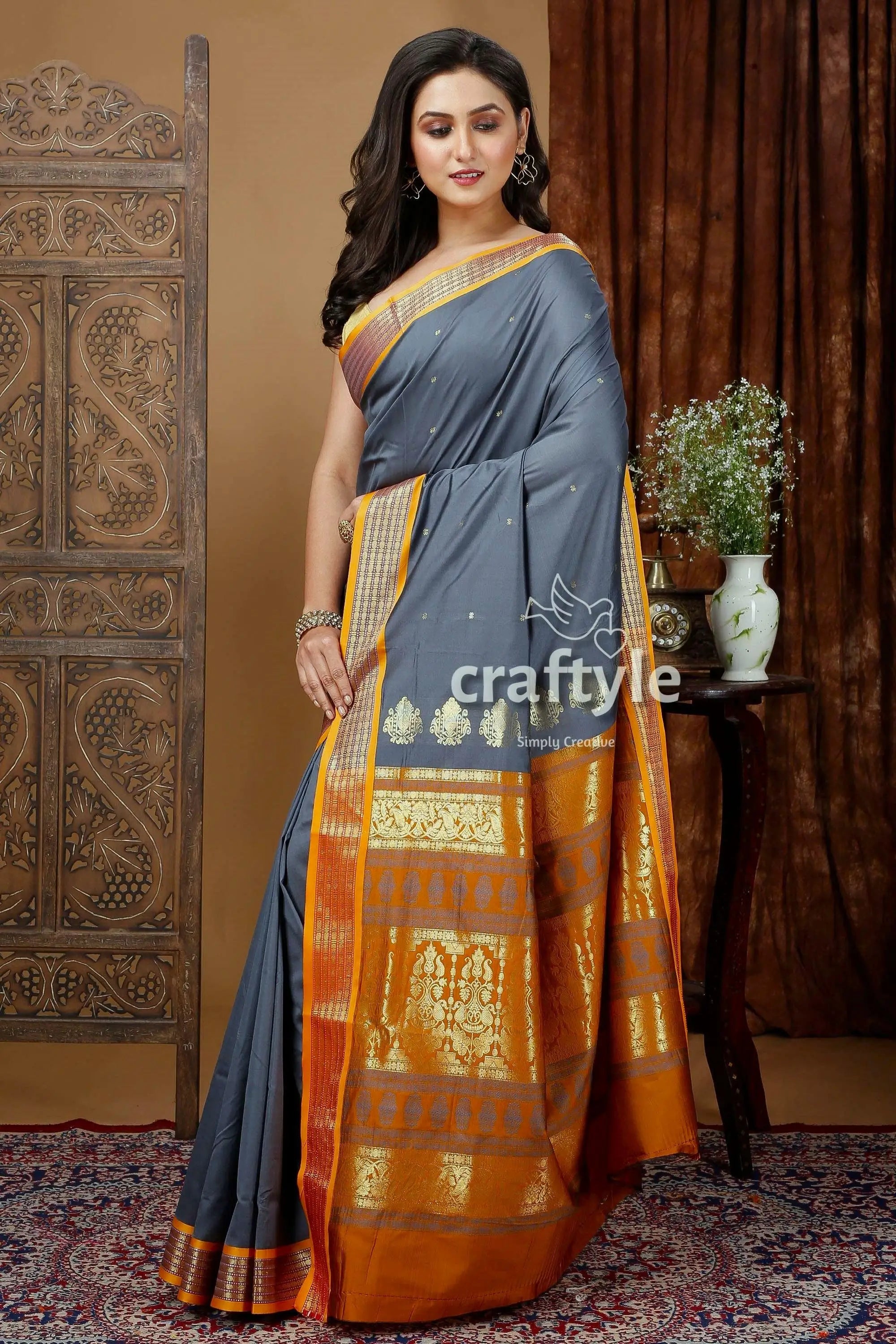 Lava grey soft silk saree with zari border - bomkai design gray orange silk saree 3