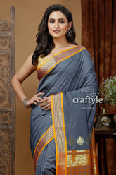 Lava grey soft silk saree with zari border - bomkai design gray saree orange gold border 2