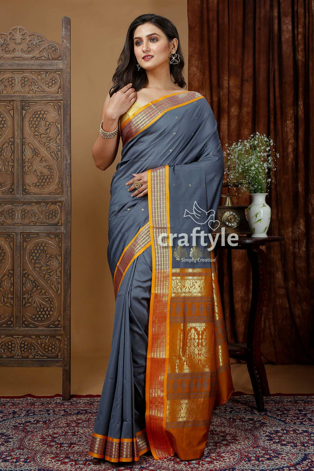 Lava Grey Soft Silk Saree with Zari Border - Bomkai Design - Craftyle