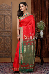 Lava Red and Green Zari Border Bomkai Silk Saree - Craftyle