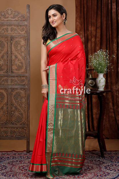 Lava Red and Green Zari Border Bomkai Silk Saree - Craftyle