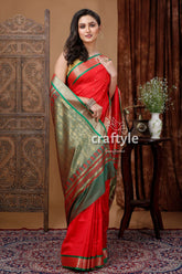 Lava Red and Green Zari Border Bomkai Silk Saree - Craftyle