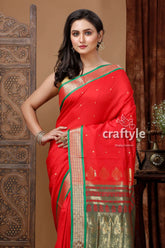 Lava red and green zari border bomkai silk saree red saree green gold border 2