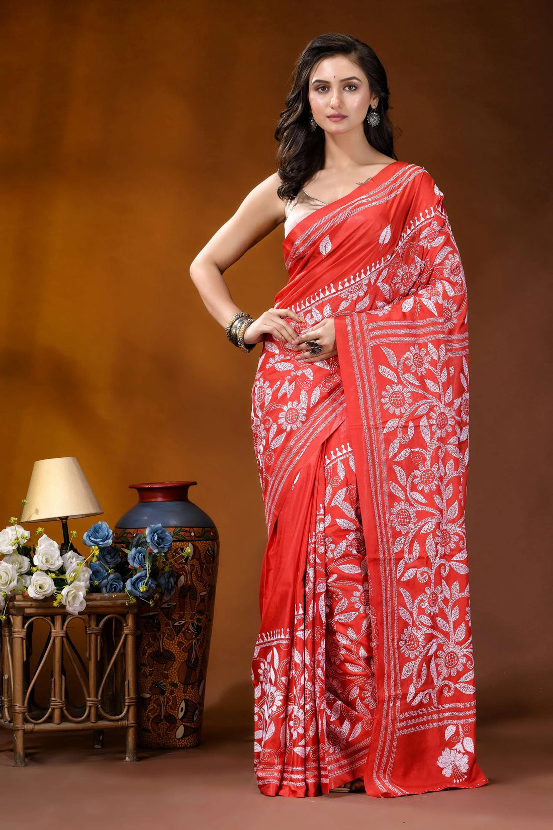 Lava red floral design white thread hand embroidered kantha silk saree vibrant red saree intricate white 1