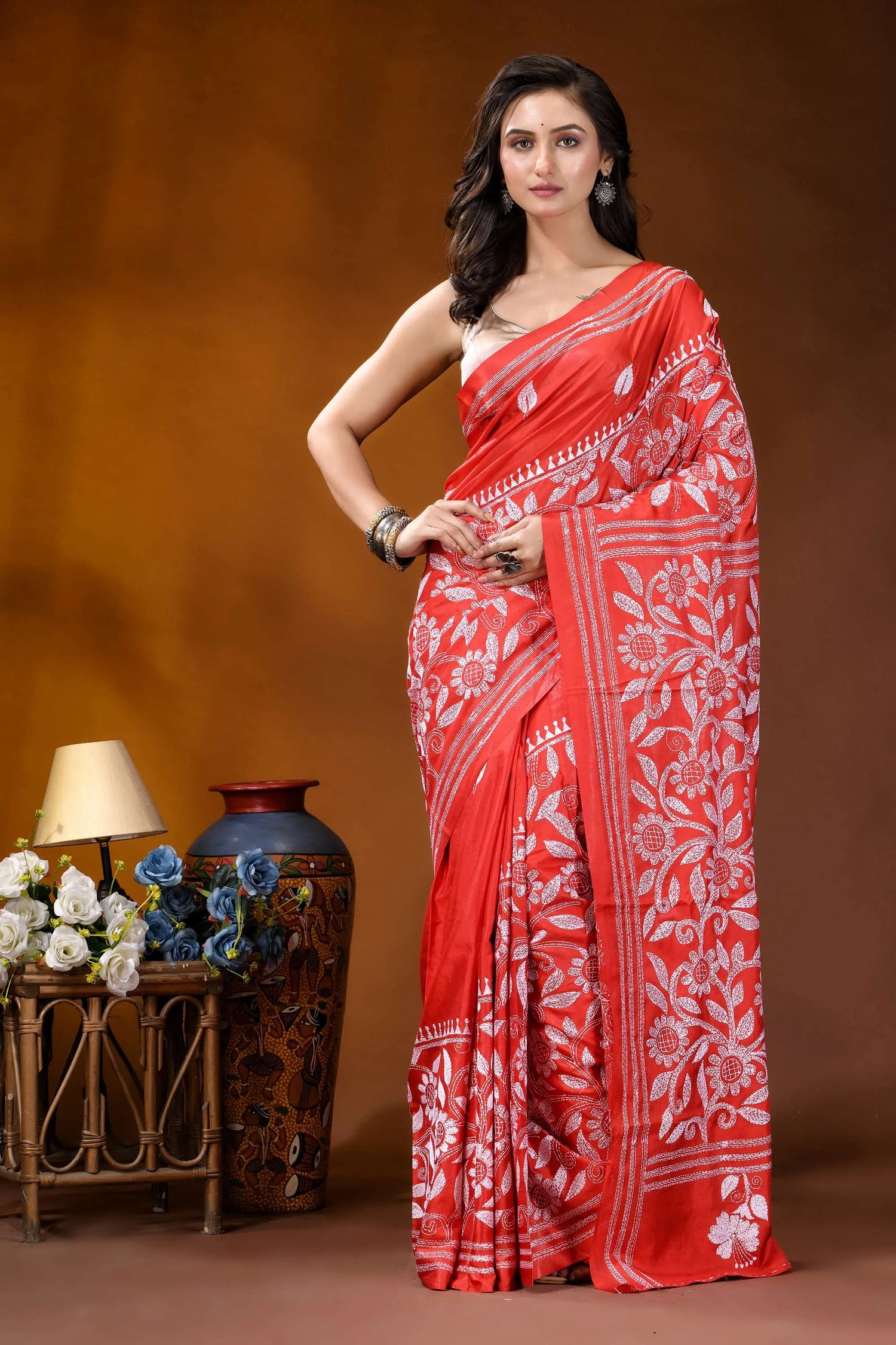 Lava red floral design white thread hand embroidered kantha silk saree vibrant red saree intricate white 1