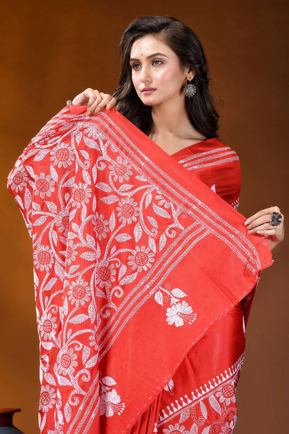 Lava red floral design white thread hand embroidered kantha silk saree vibrant red saree intricate white 2