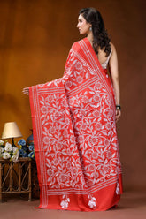Lava red floral design white thread hand embroidered kantha silk saree vibrant red saree intricate white 5
