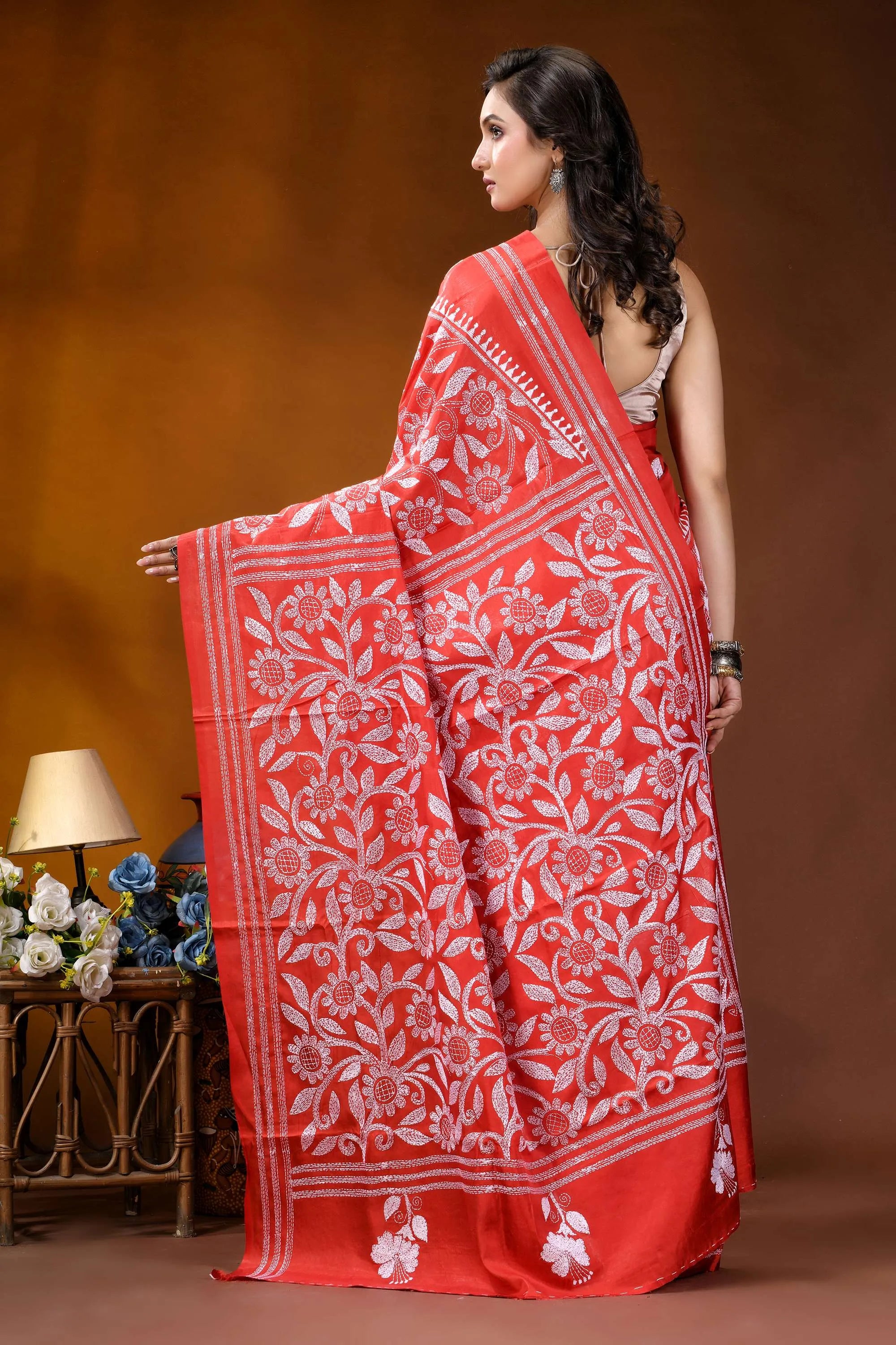 Lava red floral design white thread hand embroidered kantha silk saree vibrant red saree intricate white 5