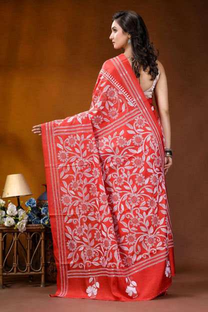 Lava red floral design white thread hand embroidered kantha silk saree vibrant red saree intricate white 5