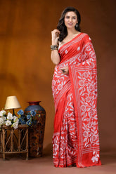 Lava red floral design white thread hand embroidered kantha silk saree vibrant red saree intricate white 6