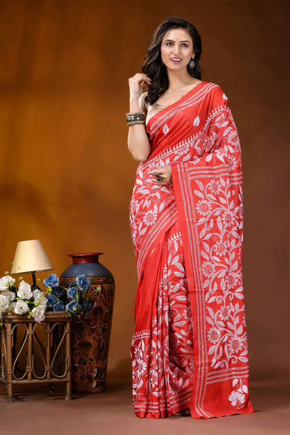 Lava red floral design white thread hand embroidered kantha silk saree vibrant red saree intricate white 6