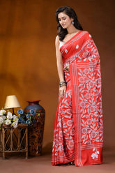 Lava red floral design white thread hand embroidered kantha silk saree vibrant red saree intricate white 3